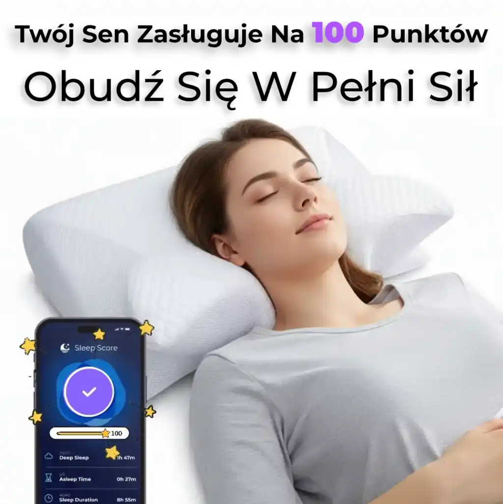 Kobieta śpiąca na profilowanej poduszce ErgoSen Soft; obok telefon z wynikiem jakości snu 100 punktów i napisem Obudź się w pełni sił.