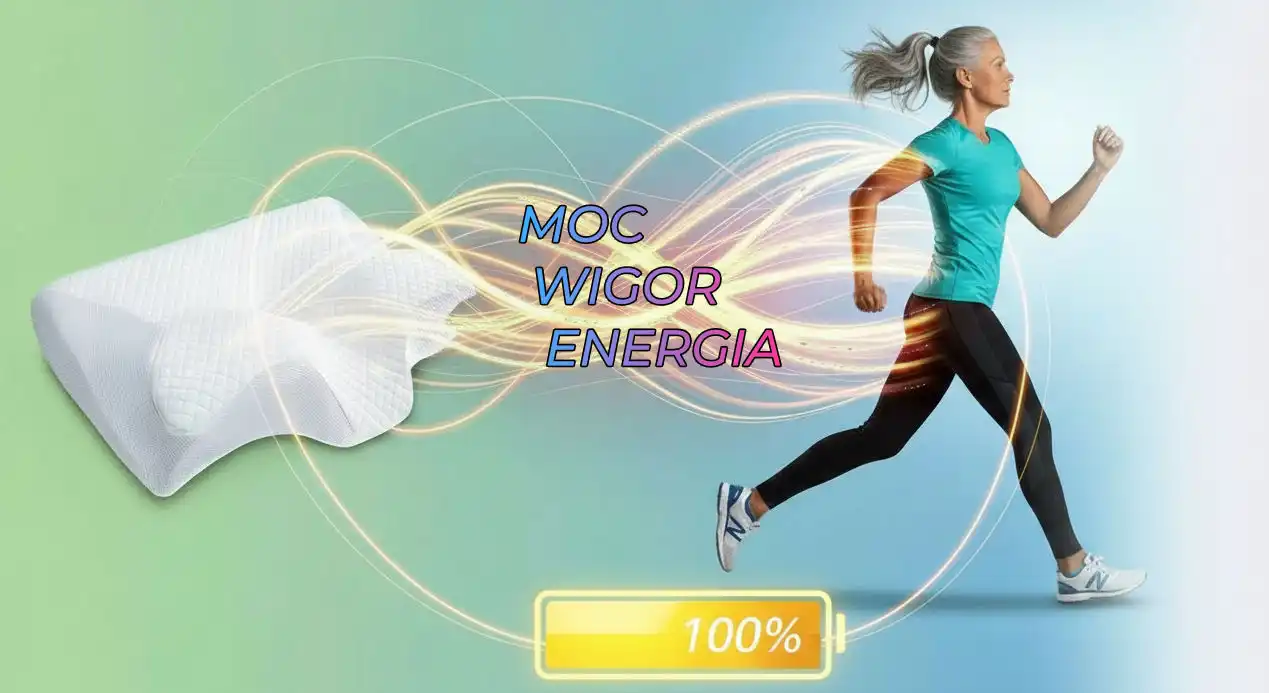 Propozycja: Poduszka ErgoSen dla wyprostowanej sylwetki i poranków bez napięć – grafika z biegaczką symbolizująca 100% życiowej energii.