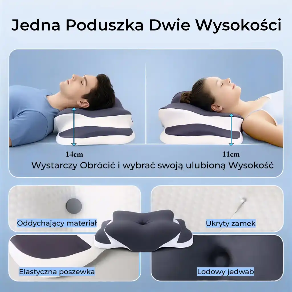 Regulowana wysokość poduszki ErgoSen Solid 14cm i 11cm. Oddychający materiał i lodowy jedwab zapewniają komfort.